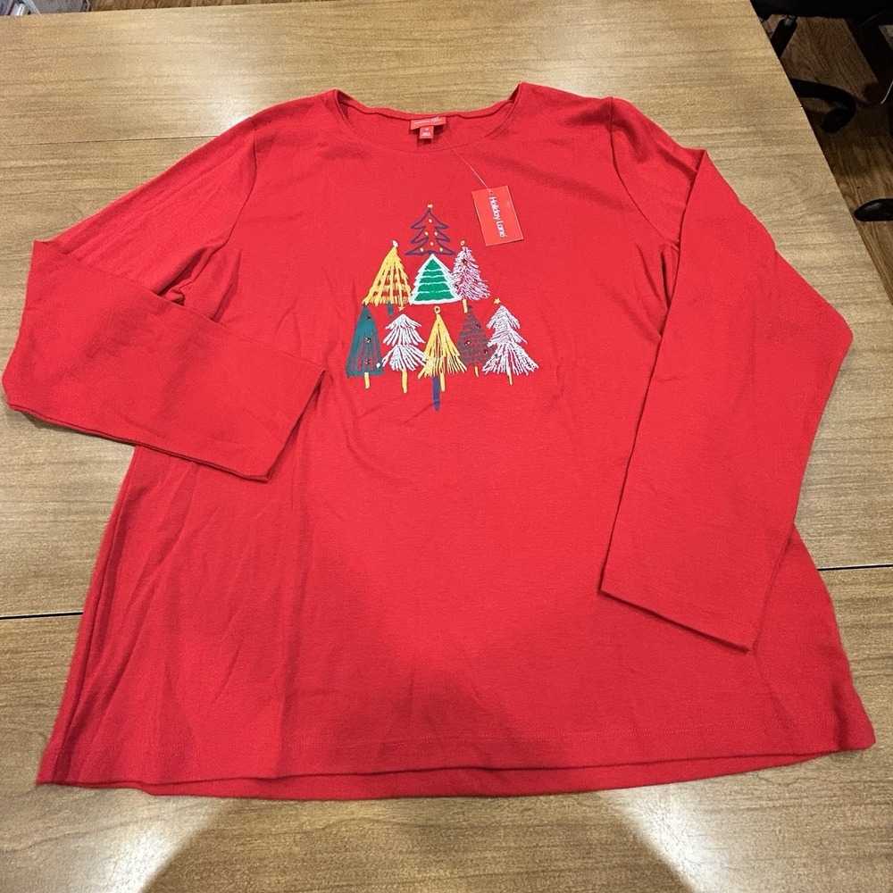 Holiday Lane Christmas Tree Shirt Womens Plus 3X Red L/S Glitter Sequin NWT XMAS